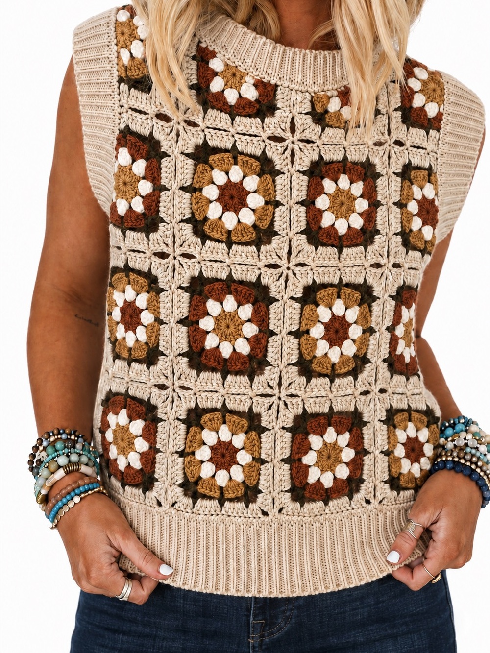 ANNYWEAR Crochet Granny Square Floral Sweater Vest Boho Neutral NWOT